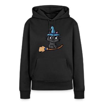 Chat avec un chapeau de sorcière sur un balai de sorcière - Sweat à capuche Premium bio Femme - noir - Devant - Julia (174cm)