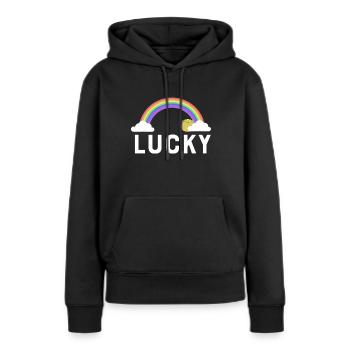 Glücklich - Frauen Premium Bio Hoodie - Schwarz - Vorne - Julia (174cm)