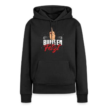Bumsen Fetzt | Illustration mit Mittelfinger - Frauen Premium Bio Hoodie - Schwarz - Vorne - Julia (174cm)
