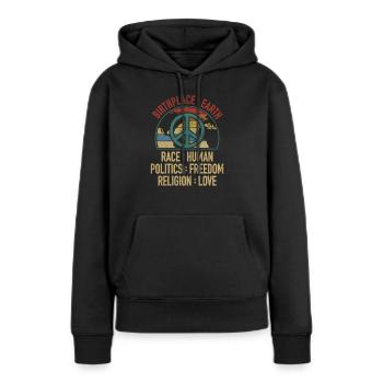 Lieu de naissance Terre Race Liberté humaine Religion Amour - Sweat à capuche Premium bio Femme - noir - Devant - Julia (174cm)