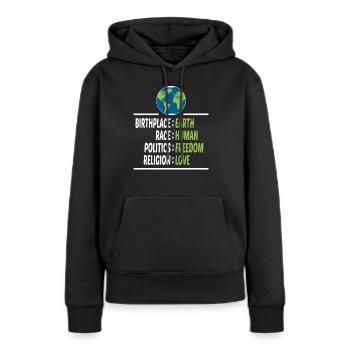 Lieu de naissance Terre Race Liberté humaine Religion Amour - Sweat à capuche Premium bio Femme - noir - Devant - Julia (174cm)