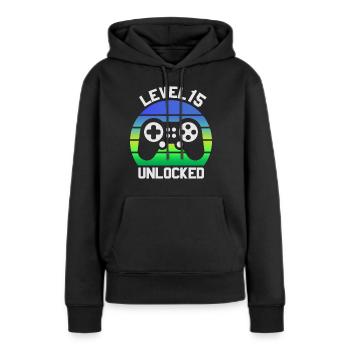 15e cadeau d'anniversaire, 15 ans d'anniversaire - Sweat à capuche Premium bio Femme - noir - Devant - Julia (174cm)