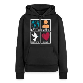 Lieu de naissance Terre Homme Liberté Amour Paix - Sweat à capuche Premium bio Femme - noir - Devant - Julia (174cm)