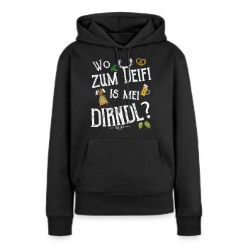 Wo zum Deifi is mei Dirndl Ersatz Tracht Wiesn - Frauen Premium Bio Hoodie - Schwarz - Vorne - Julia (174cm)