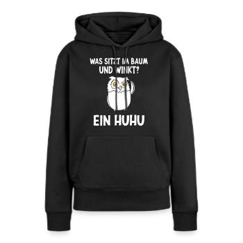 Was sitzt im Baum und winkt? Ein HUHU - Frauen Premium Bio Hoodie - Schwarz - Vorne - Julia (174cm)