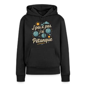 Priorité Pétanque – Désolé, c'est sacré ! - Sweat à capuche Premium bio Femme - noir - Devant - Julia (174cm)
