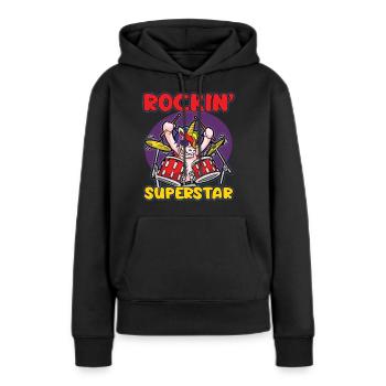 Humour de batteur de licorne rocker ROCKIN SUPERSTAR - Sweat à capuche Premium bio Femme - noir - Devant - Julia (174cm)