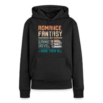 Lecture de romans d’amour, de fantasy ou de romans policiers - Sweat à capuche Premium bio Femme - noir - Devant - Julia (174cm)
