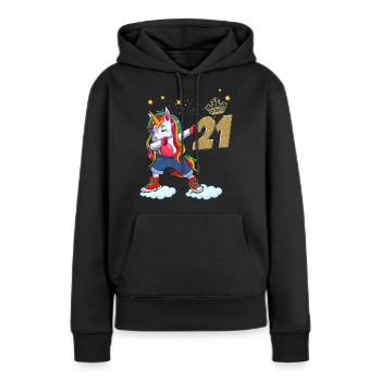 Licorne anniversaire 21 ans Cadeau Jeune Femme - Sweat à capuche Premium bio Femme - noir - Devant - Julia (174cm)