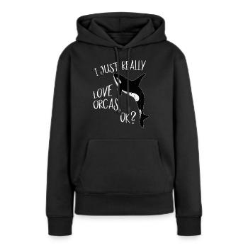 J’aime vraiment les orques, OK? Amoureux des épaulards O - Sweat à capuche Premium bio Femme - noir - Devant - Julia (174cm)