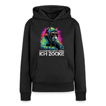Ich kann dich nicht hören ich zocke Gaming Affe - Frauen Premium Bio Hoodie - Schwarz - Vorne - Julia (174cm)