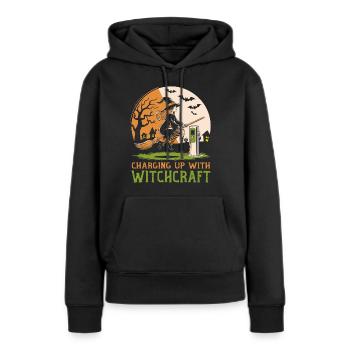 Lustige Halloween Hexe lädt elektrischen Besen - Frauen Premium Bio Hoodie - Schwarz - Vorne - Julia (174cm)