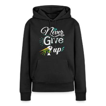 Never Give Up 🐸 Niemals aufgeben Frosch vs Storch - Frauen Premium Bio Hoodie - Schwarz - Vorne - Julia (174cm)