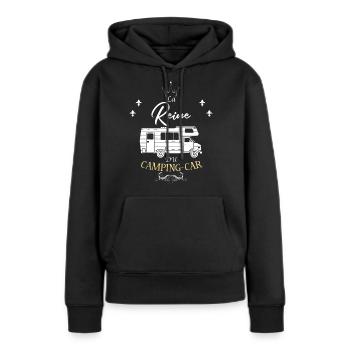 T-shirt anniversaire femme camping car - Sweat à capuche Premium bio Femme - noir - Devant - Julia (174cm)