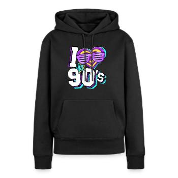 Années 90 J’aime années 90 - Sweat à capuche Premium bio Femme - noir - Devant - Julia (174cm)