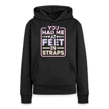 Tu m’avais aux pieds dans les sangles 9 - Sweat à capuche Premium bio Femme - noir - Devant - Julia (174cm)