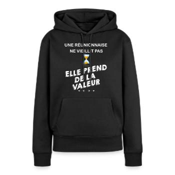 Réunionnaise Femme île La Réunion Citation Humour - Sweat à capuche Premium bio Femme - noir - Devant - Julia (174cm)