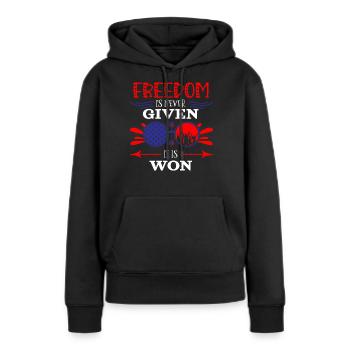 Citations patriotiques américaines, patriotes, patriotes - Sweat à capuche Premium bio Femme - noir - Devant - Julia (174cm)