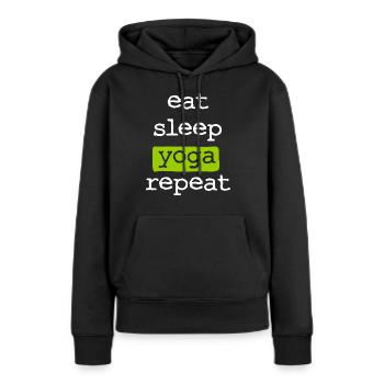 Manger du sommeil Yoga répéter - Manger Sommeil Répéter - Sweat à capuche Premium bio Femme - noir - Devant - Julia (174cm)