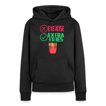 Übung Extra Pommes Exercice Extra Frites Fitness - Sweat à capuche Premium bio Femme - noir - Devant - Julia (174cm)