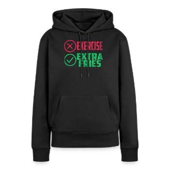 Übung Extra Pommes Exercice Extra Frites Fitness - Sweat à capuche Premium bio Femme - noir - Devant - Julia (174cm)