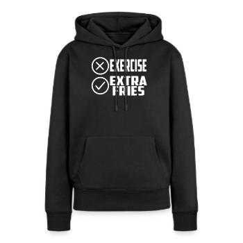 Übung Extra Pommes Exercice Extra Frites Fitness - Sweat à capuche Premium bio Femme - noir - Devant - Julia (174cm)