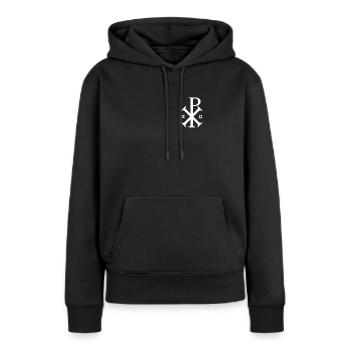 Jésus Chi Rho Le monogramme du Christ - Sweat à capuche Premium bio Femme - noir - Devant - Julia (174cm)