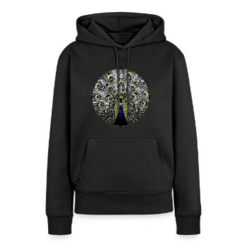 Pfau in Holzschnitt-Optik - Frauen Premium Bio Hoodie - Schwarz - Vorne - Julia (174cm)