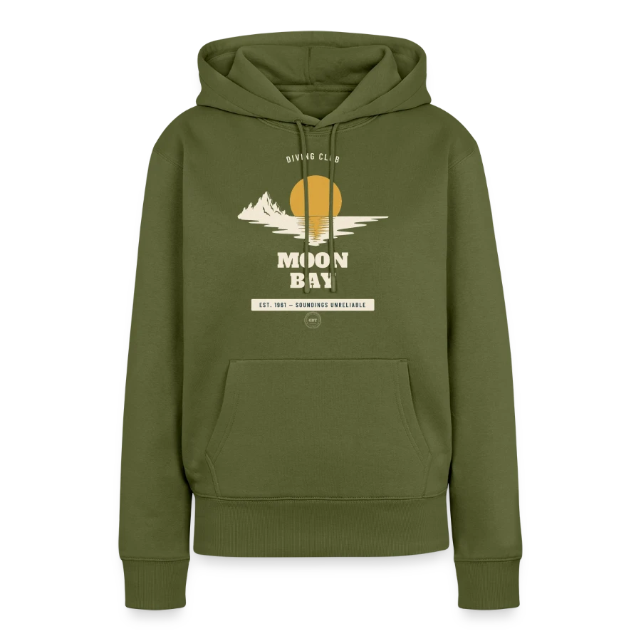 Moon Bay badge on a women’s premium organic hoodie, khaki, front