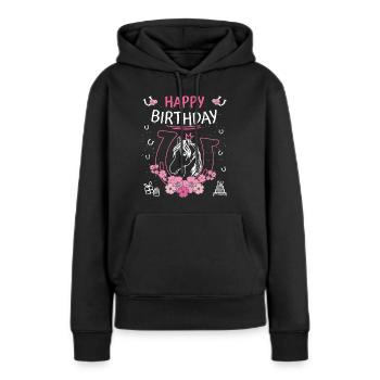 Anniversaire des chevaux - Les filles montent des fers à cheval - Sweat à capuche Premium bio Femme - noir - Devant - Julia (174cm)