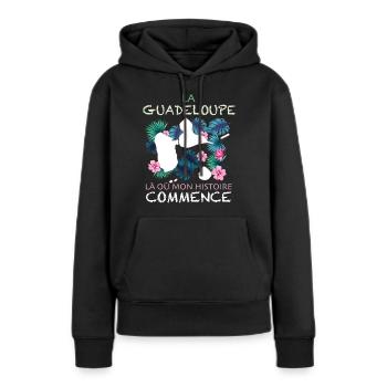 La Guadeloupe Mon histoire Citation - Sweat à capuche Premium bio Femme - noir - Devant - Julia (174cm)