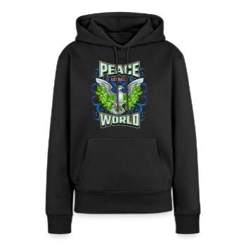 Frieden, Frieden-Spruch mit Friedenstaube - Frauen Premium Bio Hoodie - Schwarz - Vorne - Julia (174cm)