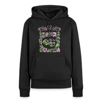 Printemps, Dire Bienvenue-Printemps, Typographie - Sweat à capuche Premium bio Femme - noir - Devant - Julia (174cm)