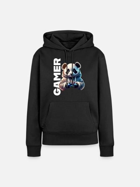 Gamer Schriftzug mit coolem Panda - Frauen Premium Bio Hoodie - Schwarz