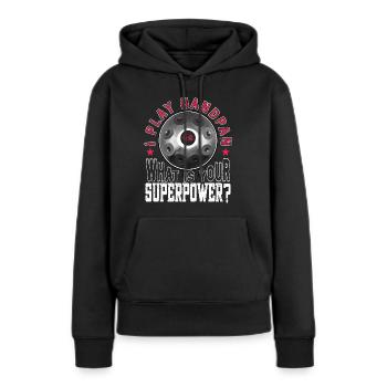I play handpan, what is your superpower? - Frauen Premium Bio Hoodie - Schwarz - Vorne - Julia (174cm)