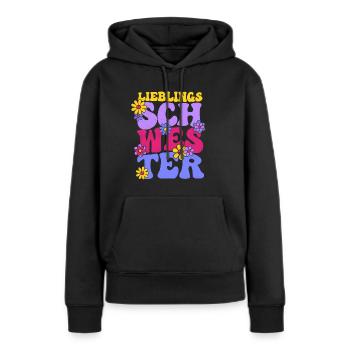 LIEBLINGSSCHWESTER 70ER RETRO HIPPIE SCHWESTER - Frauen Premium Bio Hoodie - Schwarz - Vorne - Julia (174cm)