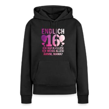 16 Anniversaire - Sweat à capuche Premium bio Femme - noir - Devant - Julia (174cm)