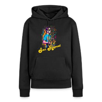 Saxophone Drôle Design Jazz Amateur de musique - Sweat à capuche Premium bio Femme - noir - Devant - Julia (174cm)