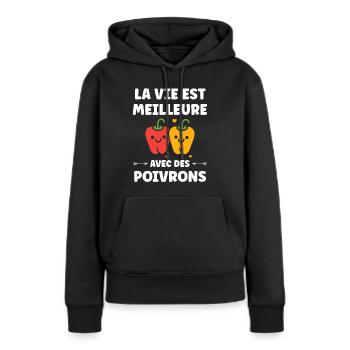 Humour poivron - Sweat à capuche Premium bio Femme - noir - Devant - Julia (174cm)