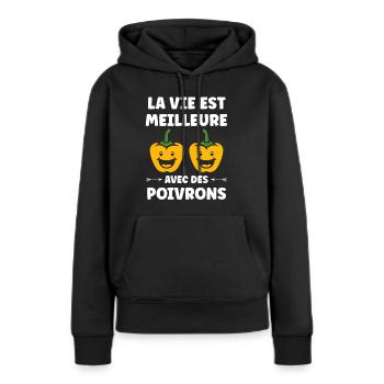 Humour poivron - Sweat à capuche Premium bio Femme - noir - Devant - Julia (174cm)