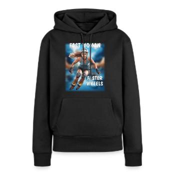 FEMME RAPIDE, ROUES PLUS RAPIDES - Sweat à capuche Premium bio Femme - noir - Devant - Julia (174cm)