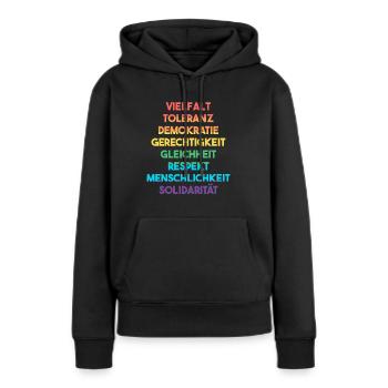 Demokratie, Vielfalt, Toleranz - LGBTQ - Wahl 2025 - Frauen Premium Bio Hoodie - Schwarz - Vorne - Julia (174cm)