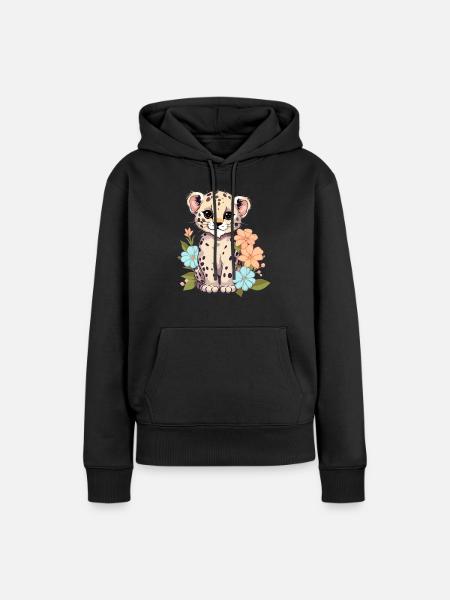 Leopard mit Blumen - Frauen Premium Bio Hoodie - Schwarz