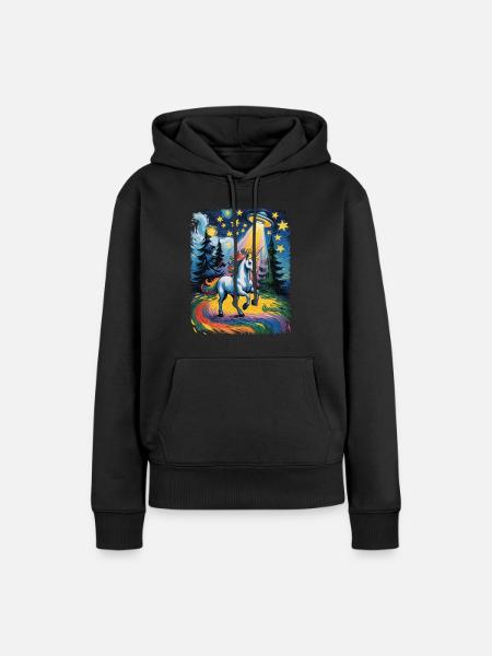 Leuchtendes Einhorn im Sternenrausch - Frauen Premium Bio Hoodie - Schwarz
