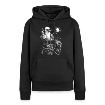 MOIN – Grummeliges Möwe mit Kaffee - Frauen Premium Bio Hoodie - Schwarz - Vorne - Julia (174cm)