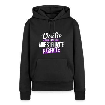 Aide soignante - Sweat à capuche Premium bio Femme - noir - Devant - Julia (174cm)