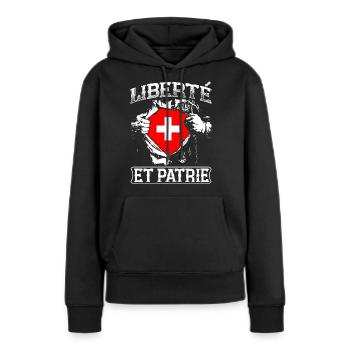 Liberté et Patrie - Schweiz - Sweat à capuche Premium bio Femme - noir - Devant - Julia (174cm)