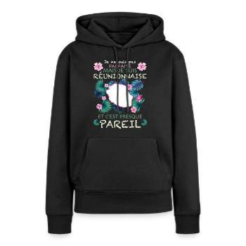 Femme Réunionnaise Cadeau île de La Réunion - Sweat à capuche Premium bio Femme - noir - Devant - Julia (174cm)