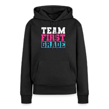 Équipe Inscription en première année Premier jour d’école - Sweat à capuche Premium bio Femme - noir - Devant - Julia (174cm)