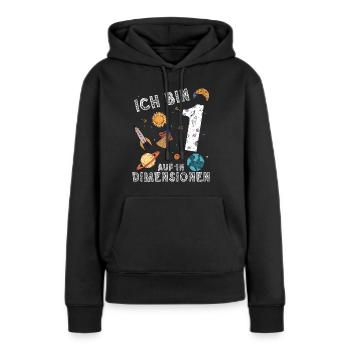 Ich bin 1 Auf in neue Dimensionen 1. Geburtstag - Frauen Premium Bio Hoodie - Schwarz - Vorne - Julia (174cm)